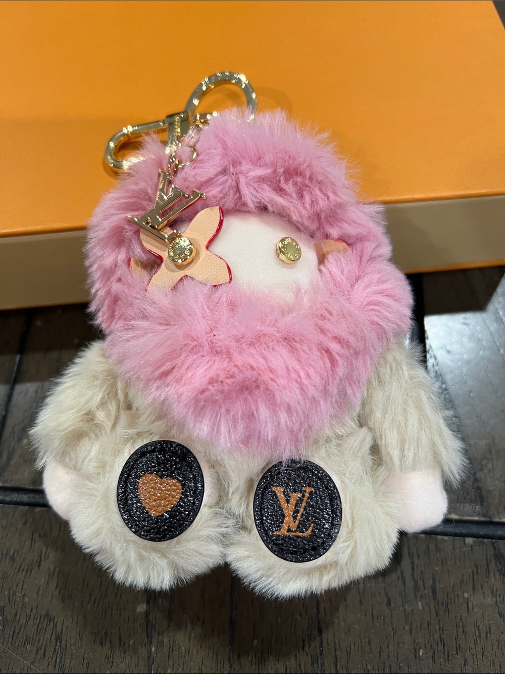 Pink and Beige Fur Monster Bag Charm with Gold Hardware